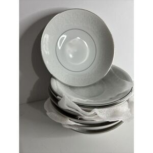 Mikasa Bridal Veil Fruit Dessert Bowls 6pcs White Scrolls Platinum Trim 5559